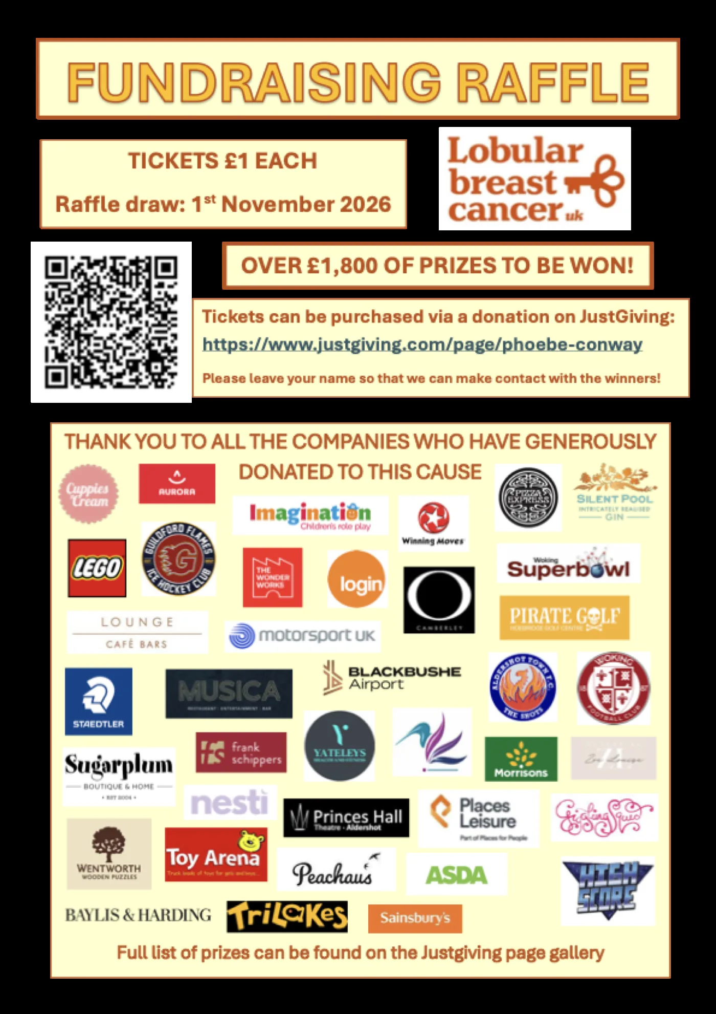 Raffle poster reading Fundraising Raffle, tickets £1 each, raffle draw 1st November 2026, over £1,800 of prizes to be won, above a grid of company logos