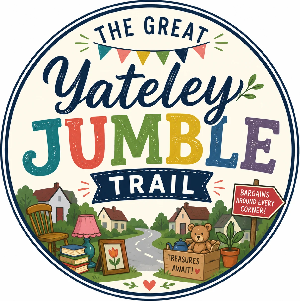 The Great Yateley Jumble Trail logo: a circular badge with bunting, a wooden chair, books, a lamp, a teddy bear in a crate and a signpost reading Bargains around every corner